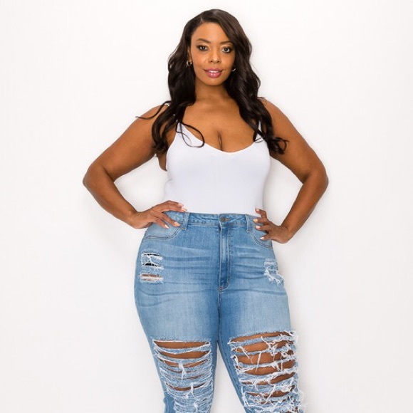 Plus Distressed Fringe High Waist Jeans - Picture 2 of 7